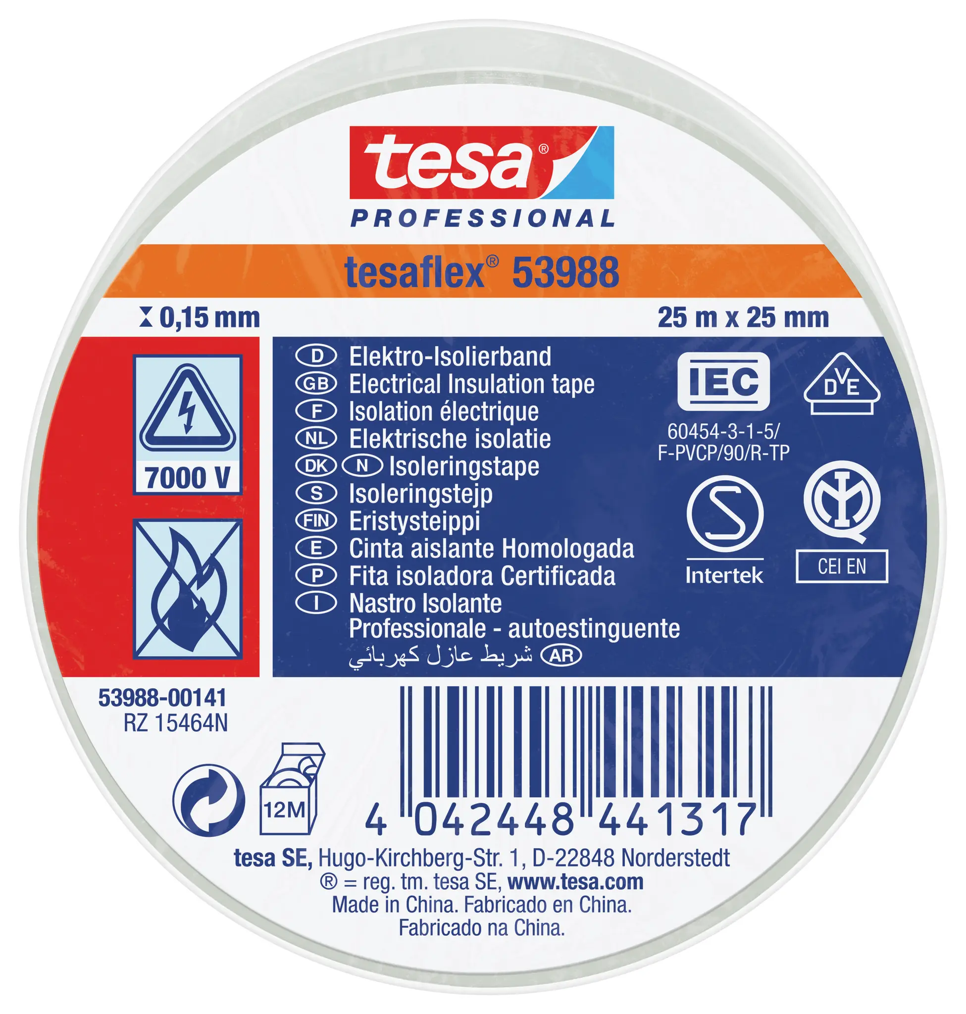 Produktfoto 1 von Tesa Tesa 53988 Polyvinylchlorid Isolierband Weiß,  Stärke  150 mm x 25 mm x 25 m, 25 °C bis 90 °C