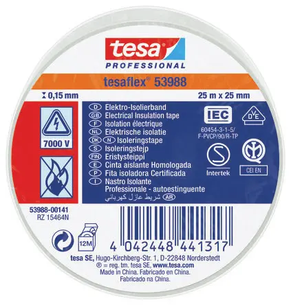 Produktfoto 1 von Tesa Tesa 53988 Polyvinylchlorid Isolierband Weiß, Stärke 150 mm x 25mm x 25 m, 25 °C bis 90 °C