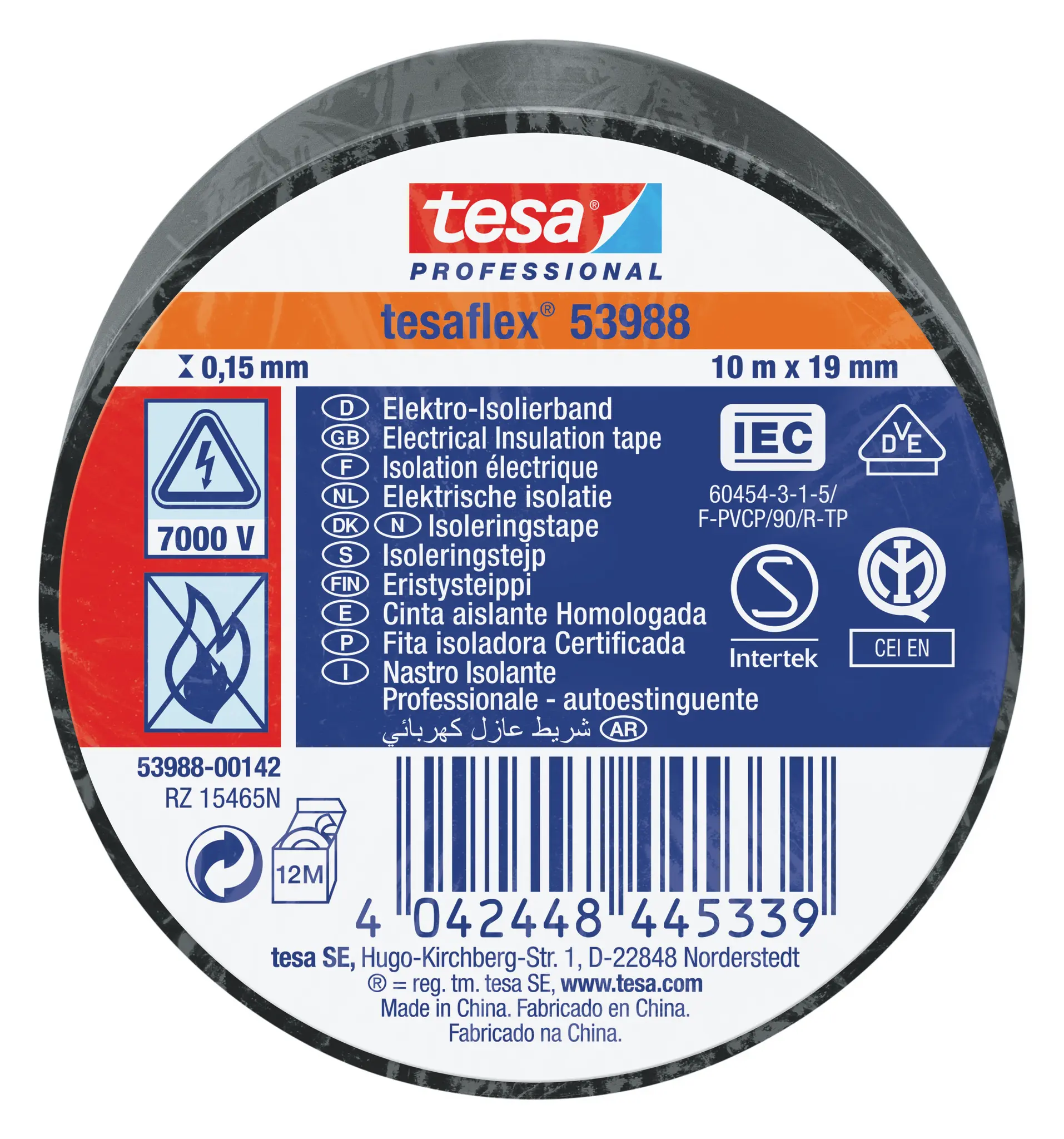 Produktfoto 1 von Tesa Tesa 53988 Polyvinylchlorid Isolierband Schwarz,  Stärke  150 mm x 19 mm x 10 m, 10 °C bis 90 °C