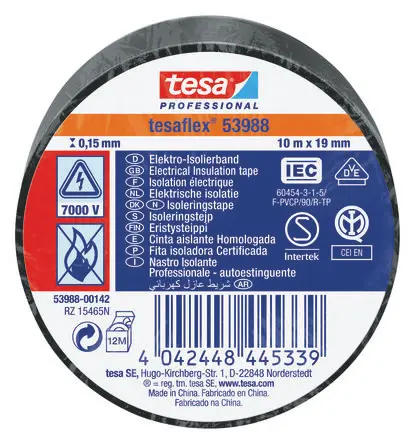 Produktfoto 1 von Tesa Tesa 53988 Polyvinylchlorid Isolierband Schwarz, Stärke 150 mm x 19mm x 10 m, 10 °C bis 90 °C