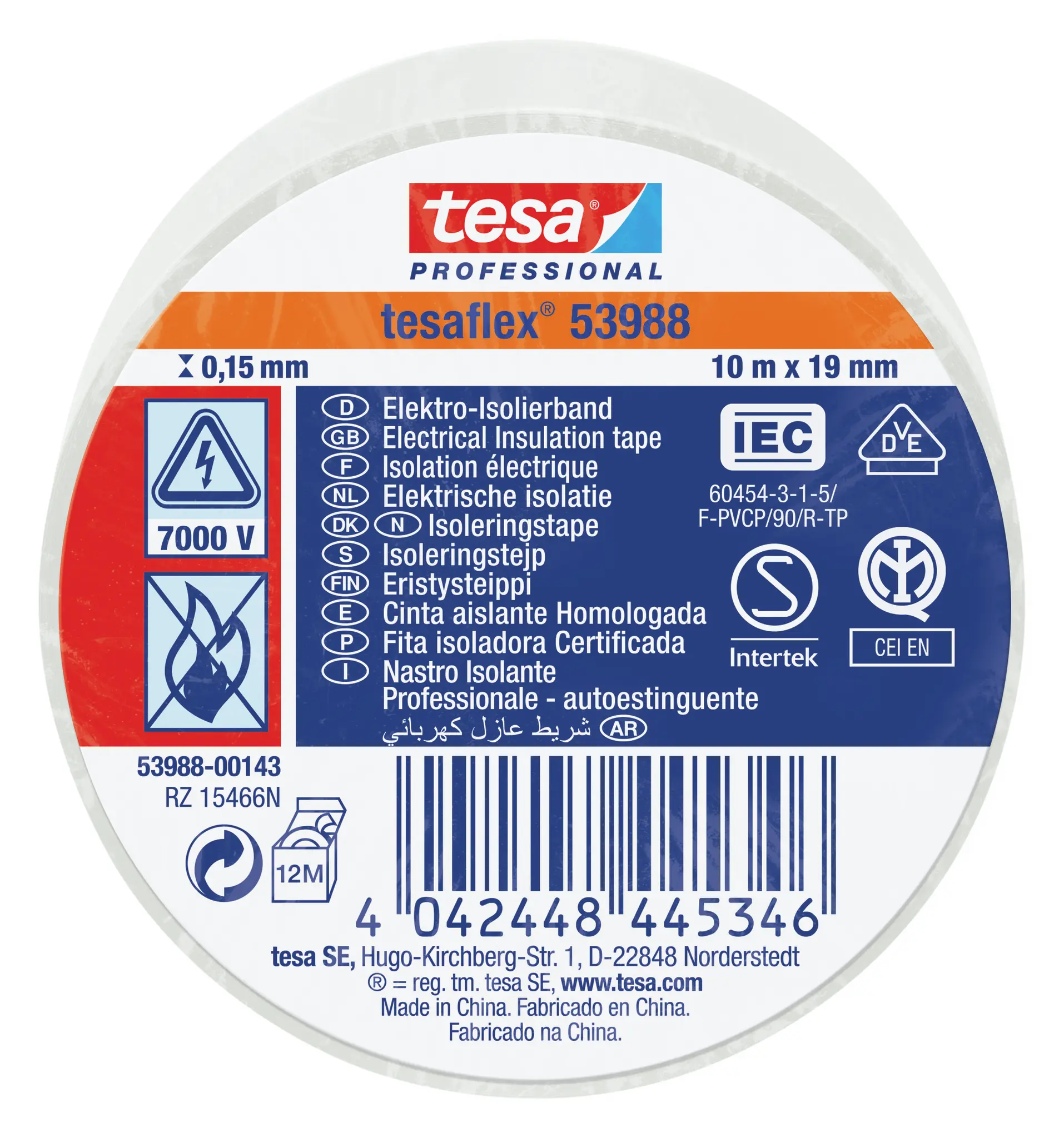 Produktfoto 1 von Tesa Tesa 53988 Polyvinylchlorid Isolierband Weiß,  Stärke  150 mm x 19 mm x 10 m, 10 °C bis 90 °C