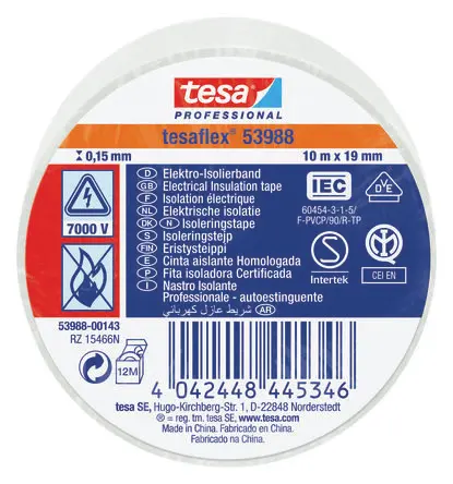 Produktfoto 1 von Tesa Tesa 53988 Polyvinylchlorid Isolierband Weiß, Stärke 150 mm x 19mm x 10 m, 10 °C bis 90 °C