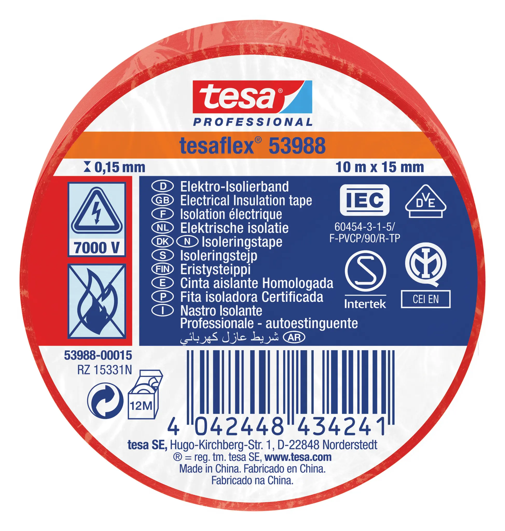 Produktfoto 1 von Tesa Tesa 53988 Polyvinylchlorid Isolierband Rot,  Stärke  150 mm x 15 mm x 10 m, 10 °C bis 90 °C