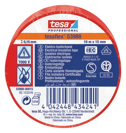 Produktfoto 1 von Tesa Tesa 53988 Polyvinylchlorid Isolierband Rot, Stärke 150 mm x 15mm x 10 m, 10 °C bis 90 °C