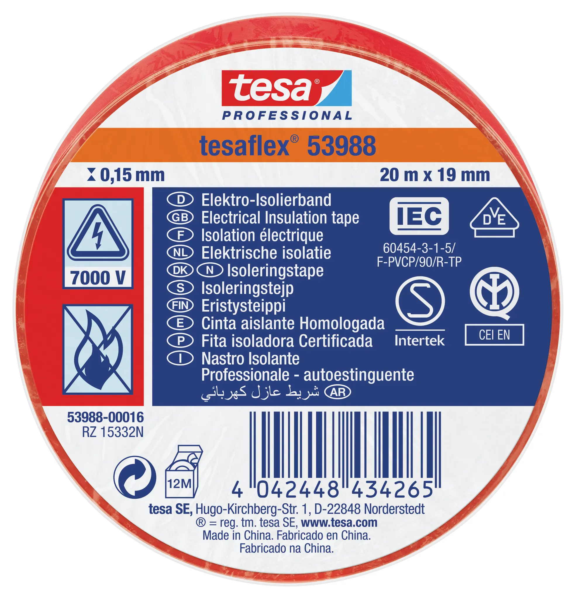 Produktfoto 1 von Tesa Tesa 53988 Polyvinylchlorid Isolierband Rot,  Stärke  150 mm x 19 mm x 20 m, 20 °C bis 90 °C