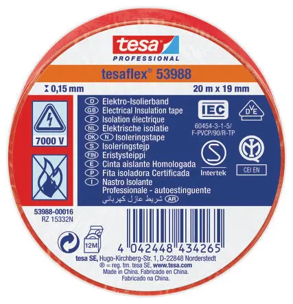 Produktfoto 1 von Tesa Tesa 53988 Polyvinylchlorid Isolierband Rot, Stärke 150 mm x 19mm x 20 m, 20 °C bis 90 °C