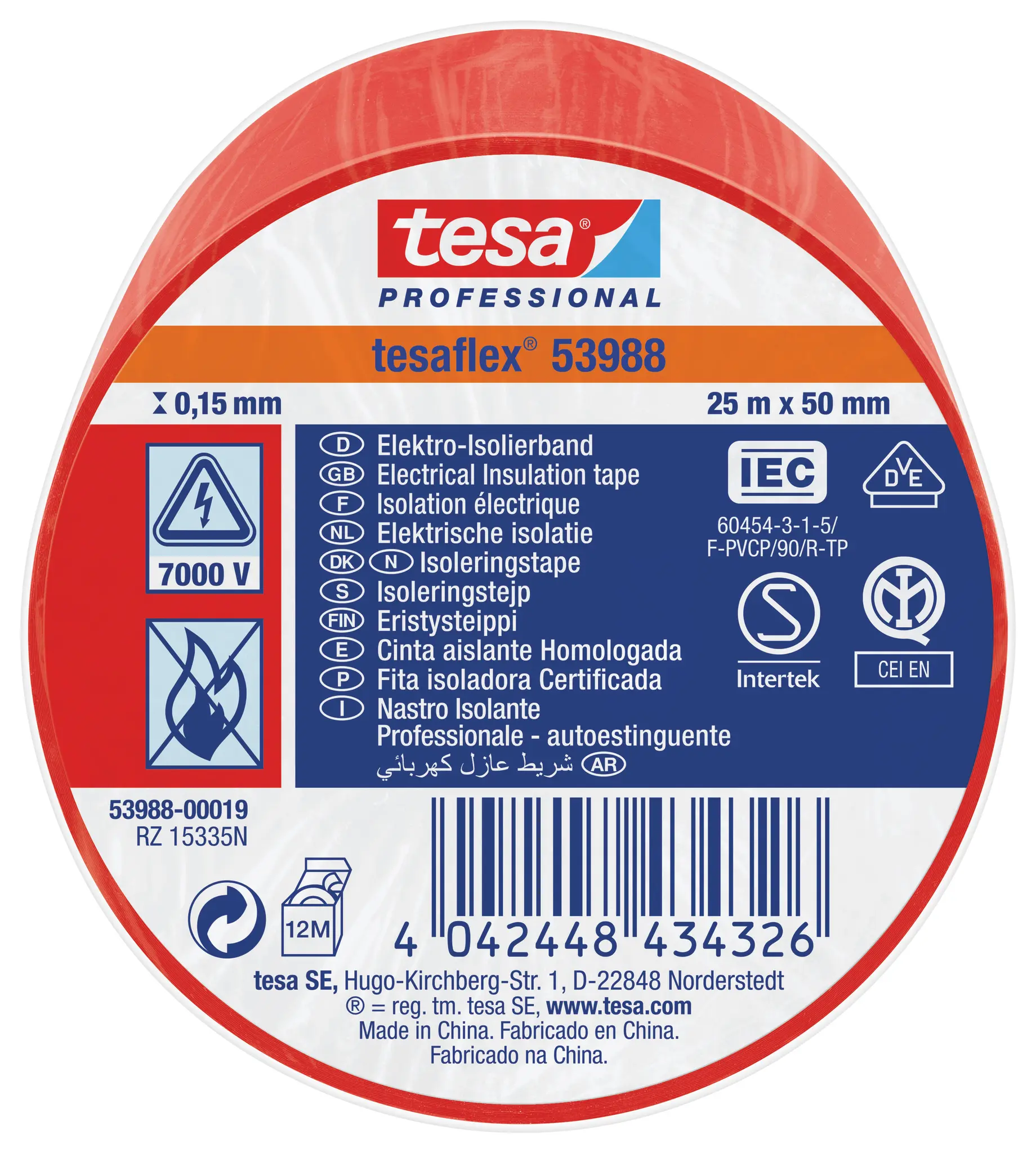Produktfoto 1 von Tesa Tesa 53988 Polyvinylchlorid Isolierband Rot,  Stärke  150 mm x 50 mm x 25 m, 25 °C bis 90 °C