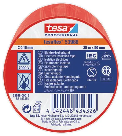 Produktfoto 1 von Tesa Tesa 53988 Polyvinylchlorid Isolierband Rot, Stärke 150 mm x 50mm x 25 m, 25 °C bis 90 °C