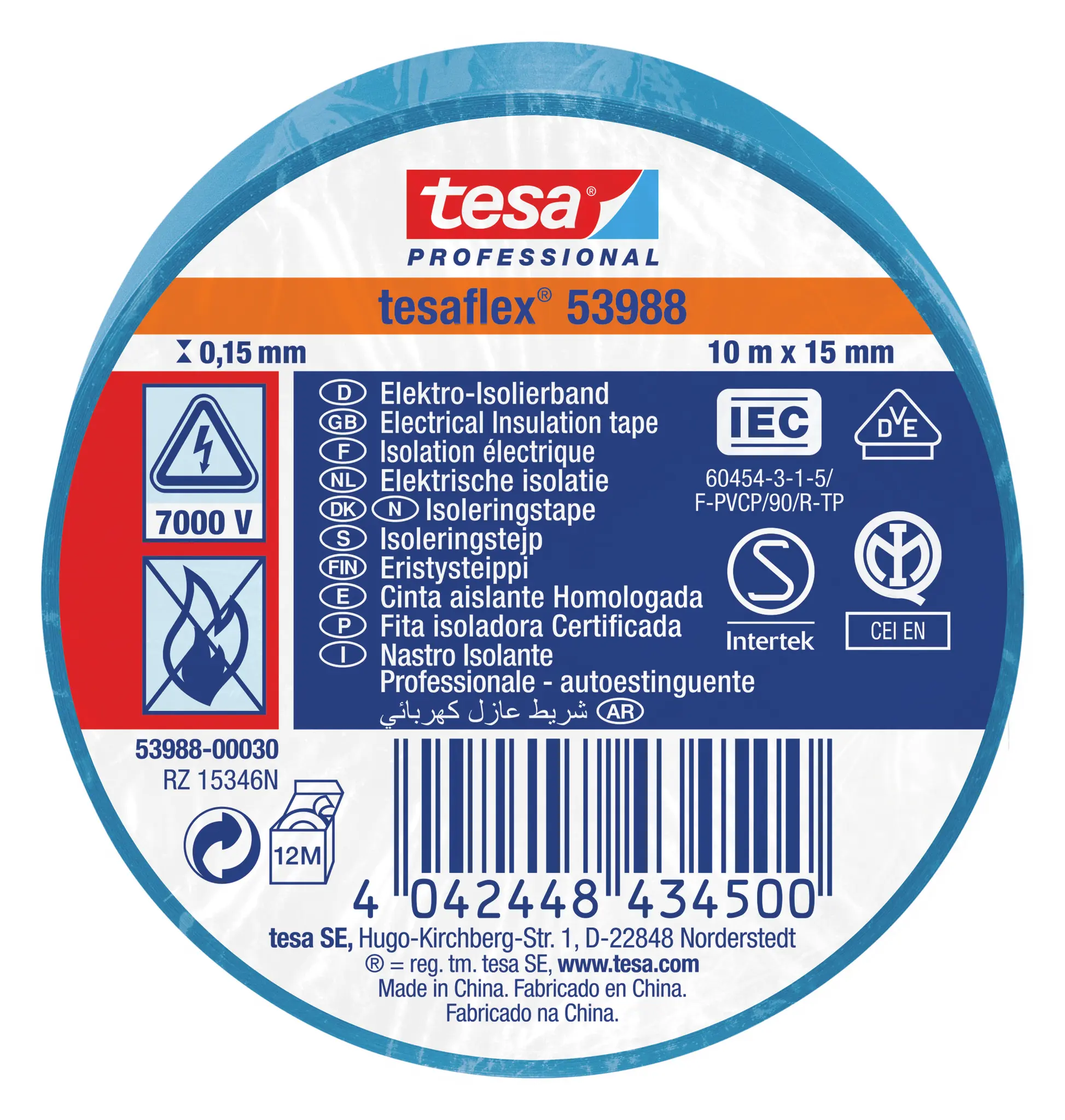Produktfoto 1 von Tesa Tesa 53988 Polyvinylchlorid Isolierband Blau,  Stärke  150 mm x 15 mm x 10 m, 10 °C bis 90 °C