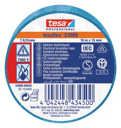 Produktfoto 1 von Tesa Tesa 53988 Polyvinylchlorid Isolierband Blau, Stärke 150 mm x 15mm x 10 m, 10 °C bis 90 °C