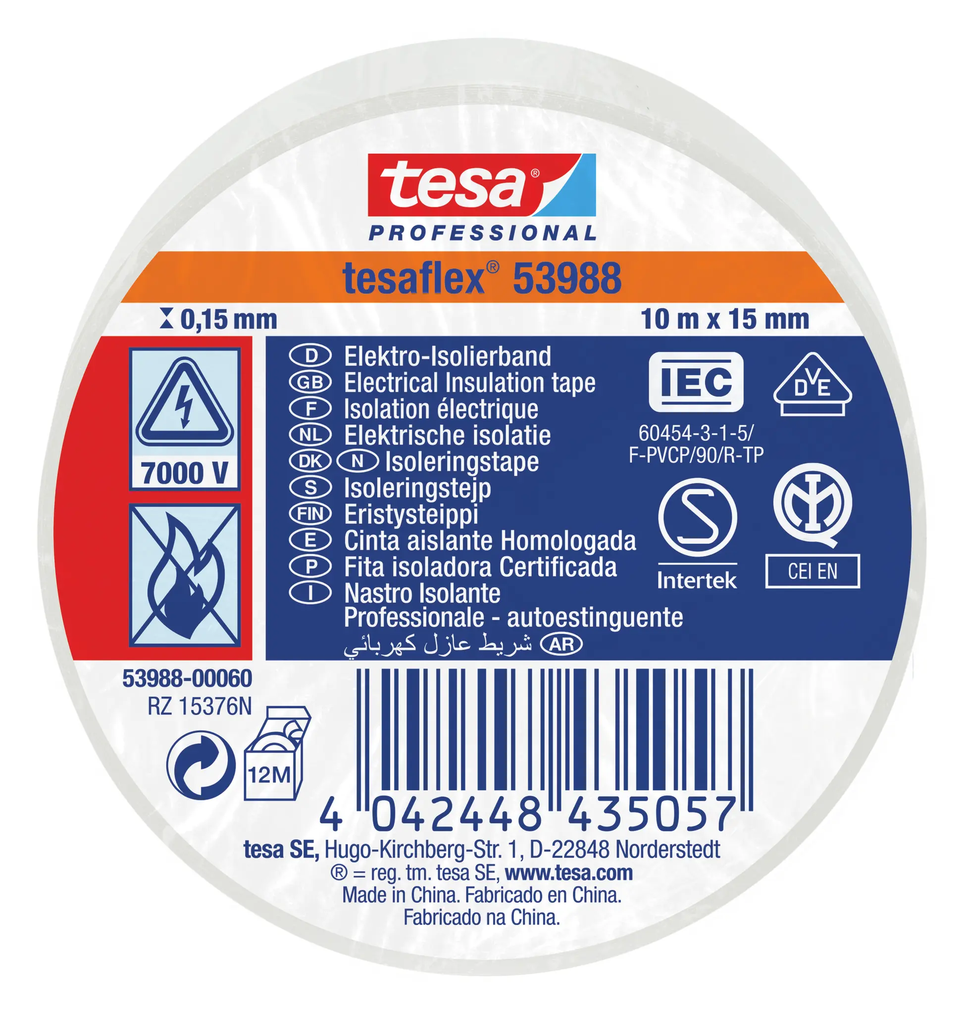 Produktfoto 1 von Tesa Tesa 53988 Polyvinylchlorid Isolierband Weiß,  Stärke  150 mm x 15 mm x 10 m, 10 °C bis 90 °C