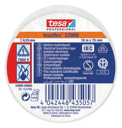 Produktfoto 1 von Tesa Tesa 53988 Polyvinylchlorid Isolierband Weiß, Stärke 150 mm x 15mm x 10 m, 10 °C bis 90 °C