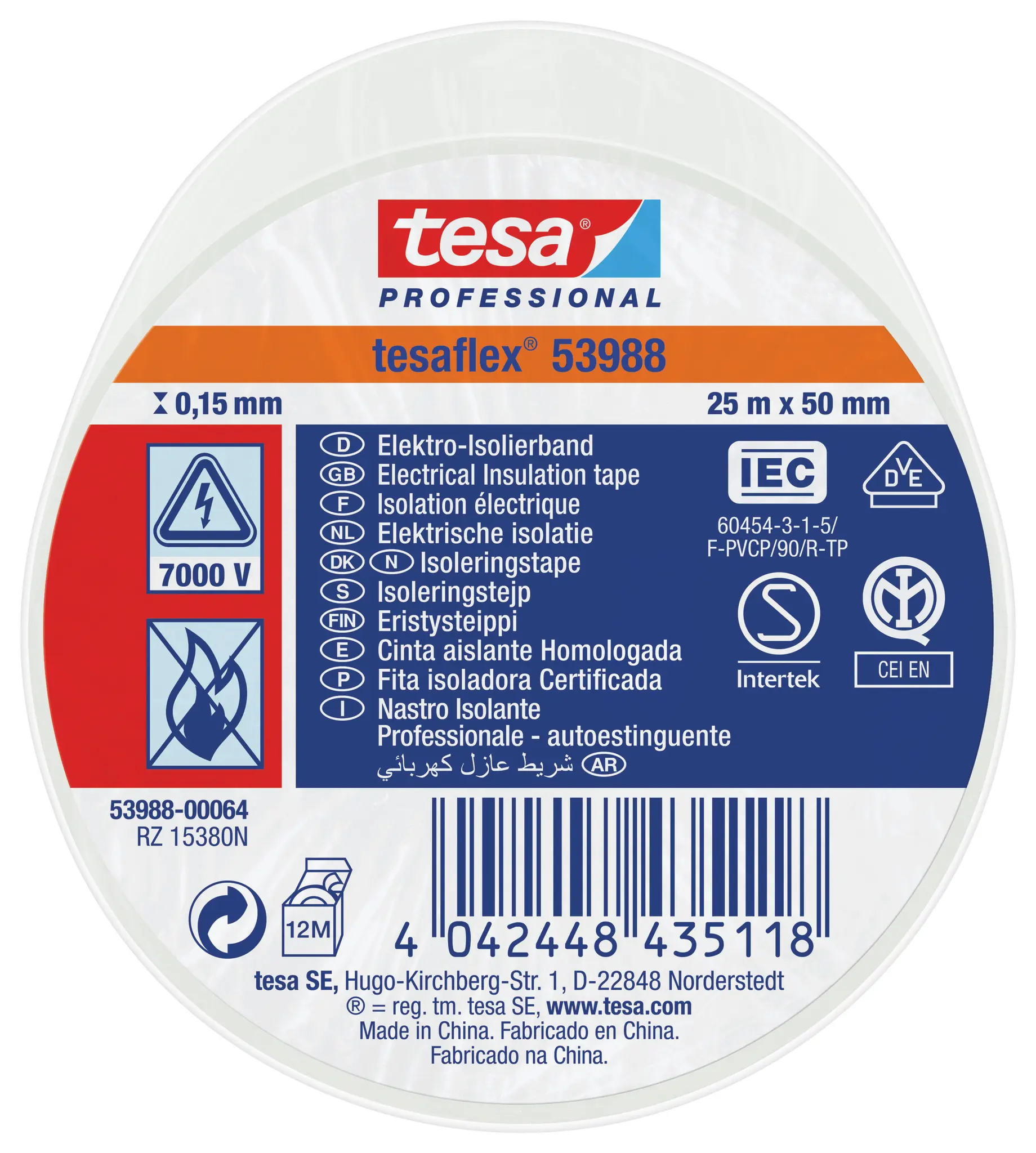 Tesa Tesa 53988 Polyvinylchlorid Isolierband Weiß, Stärke 150 mm x 50 mm x 25 m, 25 °C bis 90 °C