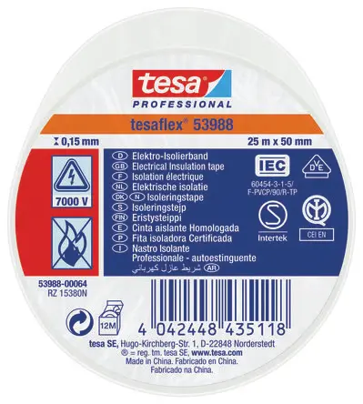 Produktfoto 1 von Tesa Tesa 53988 Polyvinylchlorid Isolierband Weiß, Stärke 150 mm x 50mm x 25 m, 25 °C bis 90 °C