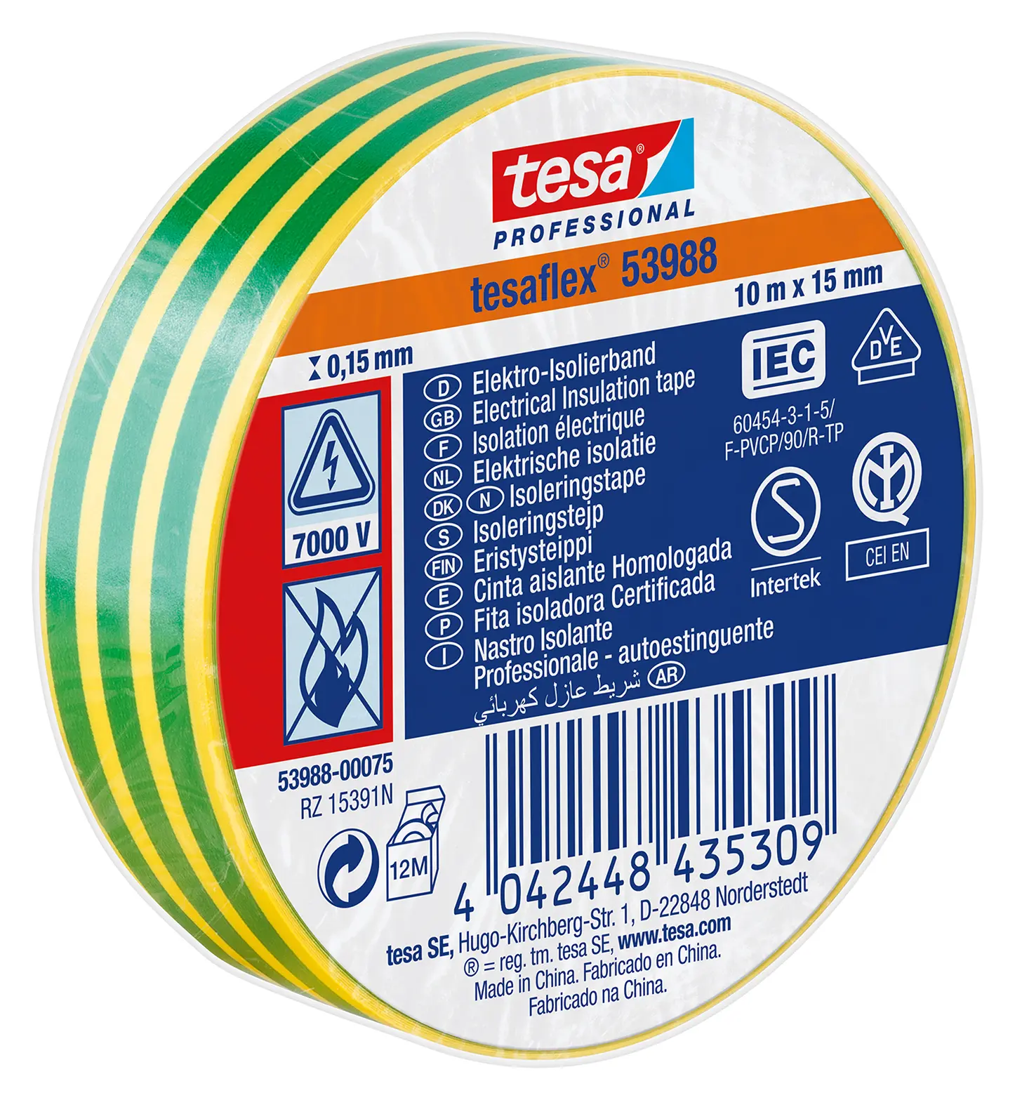 Tesa Tesa 53988 Polyvinylchlorid Isolierband Gelb, Grün, Stärke 150 mm x 15 mm x 10 m, 10 °C bis 90 °C