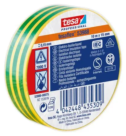 Produktfoto 1 von Tesa Tesa 53988 Polyvinylchlorid Isolierband Gelb, Grün, Stärke 150 mm x 15mm x 10 m, 10 °C bis 90 °C