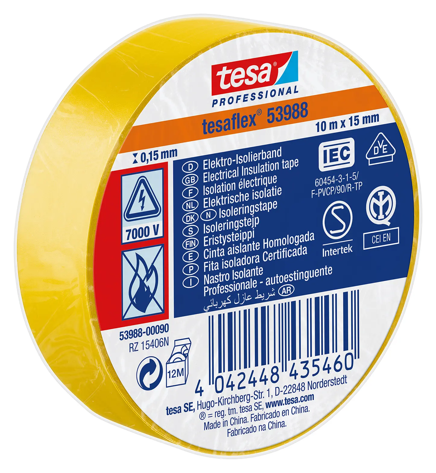 Produktfoto 1 von Tesa Tesa 53988 Polyvinylchlorid Isolierband Gelb,  Stärke  150 mm x 15 mm x 10 m, 10 °C bis 90 °C