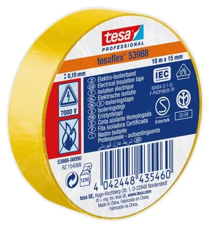 Produktfoto 1 von Tesa Tesa 53988 Polyvinylchlorid Isolierband Gelb, Stärke 150 mm x 15mm x 10 m, 10 °C bis 90 °C