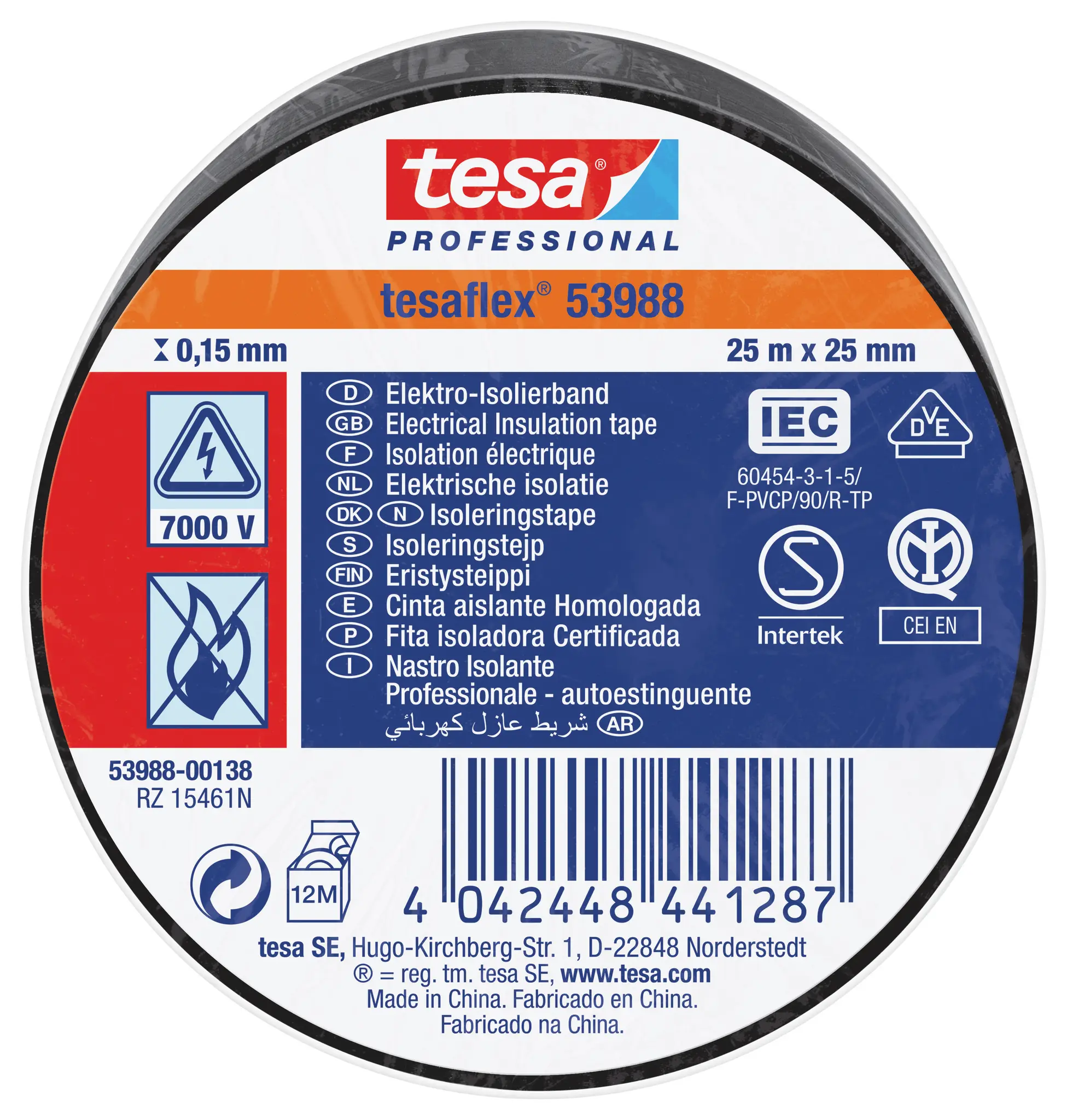 Produktfoto 1 von Tesa Tesa 53988 Polyvinylchlorid Isolierband Schwarz,  Stärke  150 mm x 25 mm x 25 m, 25 °C bis 90 °C