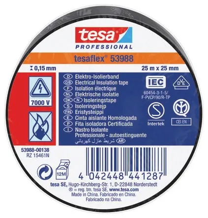 Produktfoto 1 von Tesa Tesa 53988 Polyvinylchlorid Isolierband Schwarz, Stärke 150 mm x 25mm x 25 m, 25 °C bis 90 °C