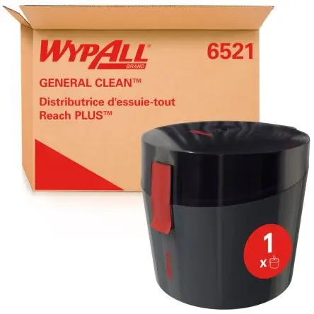 Produktfoto 1 von WYPALL WypAll® Reach PLUS™ (6521) Tuchspender, Wand Manuell Vorschubrolle mittig B. 243mm H. 22.6 cm T. 27.1 cm Schwarz
