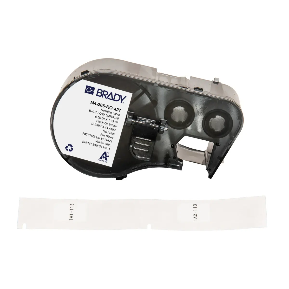 Produktfoto 1 von Brady B-427 Etikett für BMP41, BMP51, M511, M410, M510 auf Schwarz auf Weiß, Transparent, 44.45mm