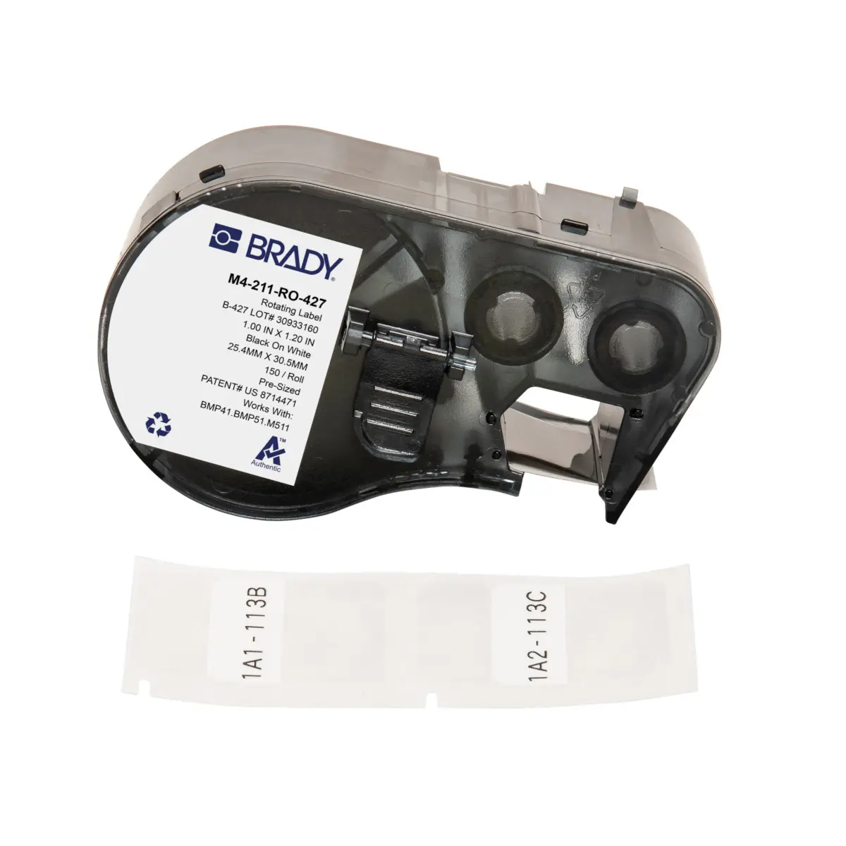 Produktfoto 1 von Brady B-427 Etikett für BMP41, BMP51, M511, M410, M510 auf Schwarz auf Weiß, Transparent, 30.48mm