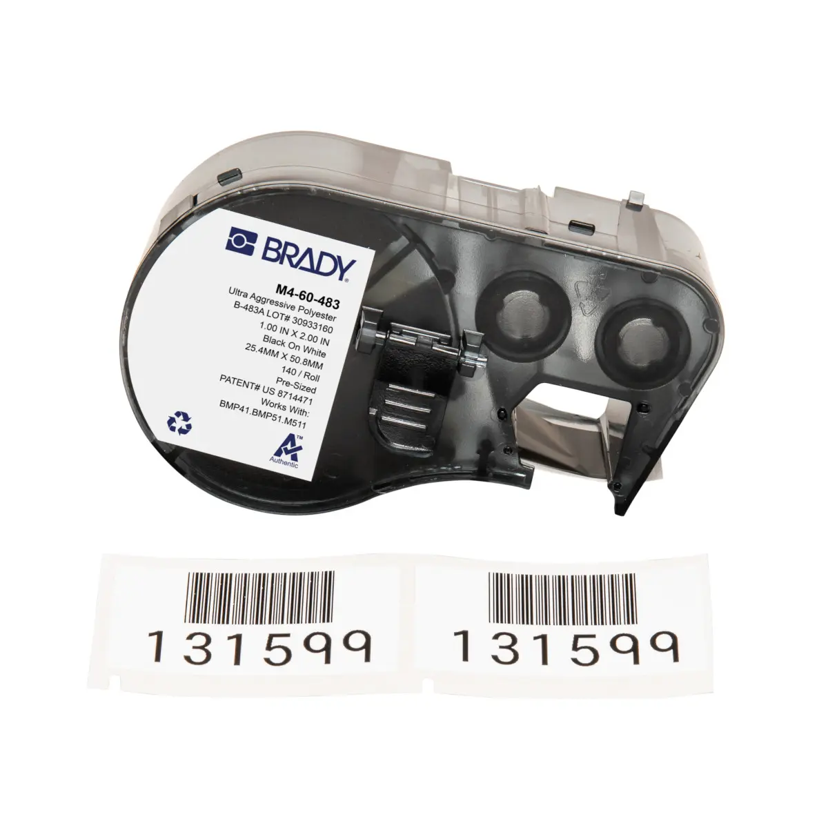 Produktfoto 1 von Brady B-483A Etikett für BMP41, BMP51, BMP53, M511, M410, M510 auf Schwarz auf Weiß, 50.80mm