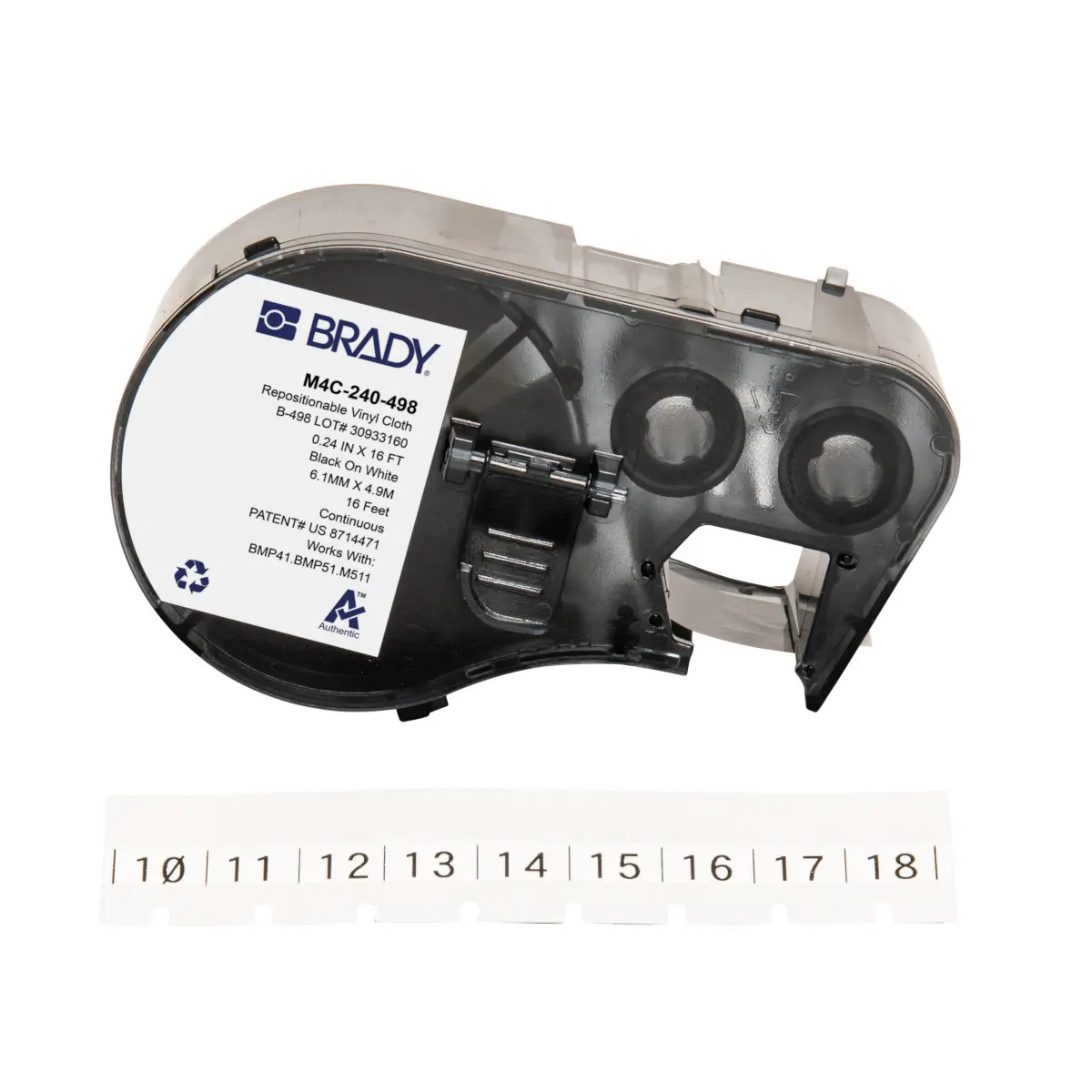 Produktfoto 1 von Brady B-498 Etikett für BMP41, BMP51, BMP53, M511, M410, M510 auf Schwarz auf Weiß