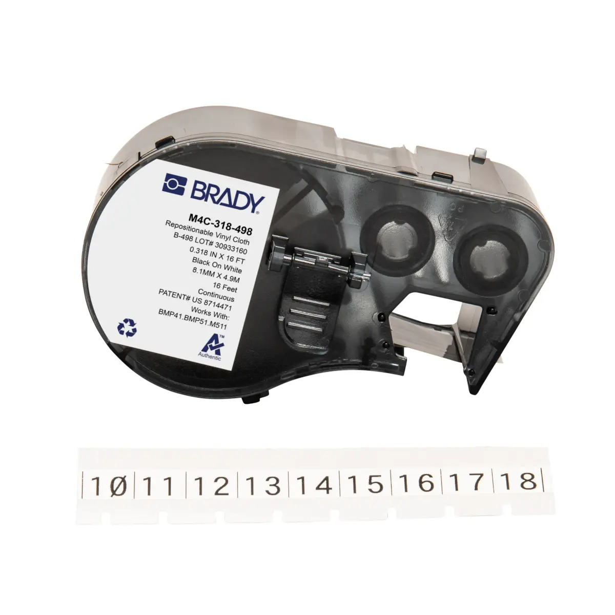 Produktfoto 1 von Brady B-498 Etikett für BMP41, BMP51, BMP53, M511, M410, M510 auf Schwarz auf Weiß