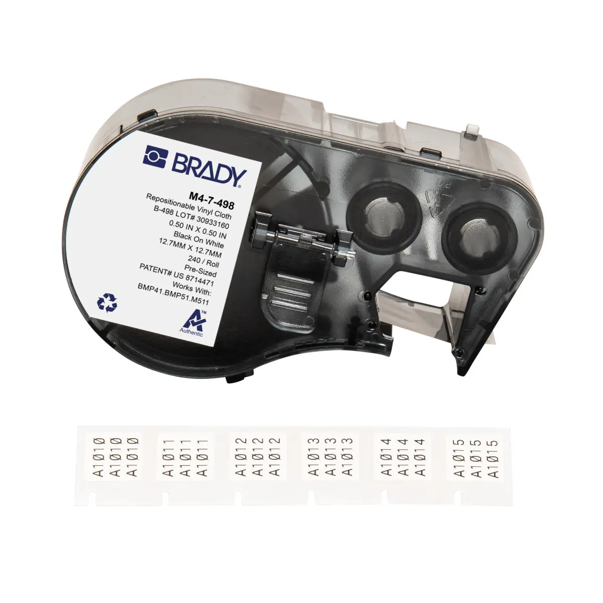 Produktfoto 1 von Brady B-498 Etikett für BMP41, BMP51, BMP53, M511, M410, M510 auf Schwarz auf Weiß, 12.70mm
