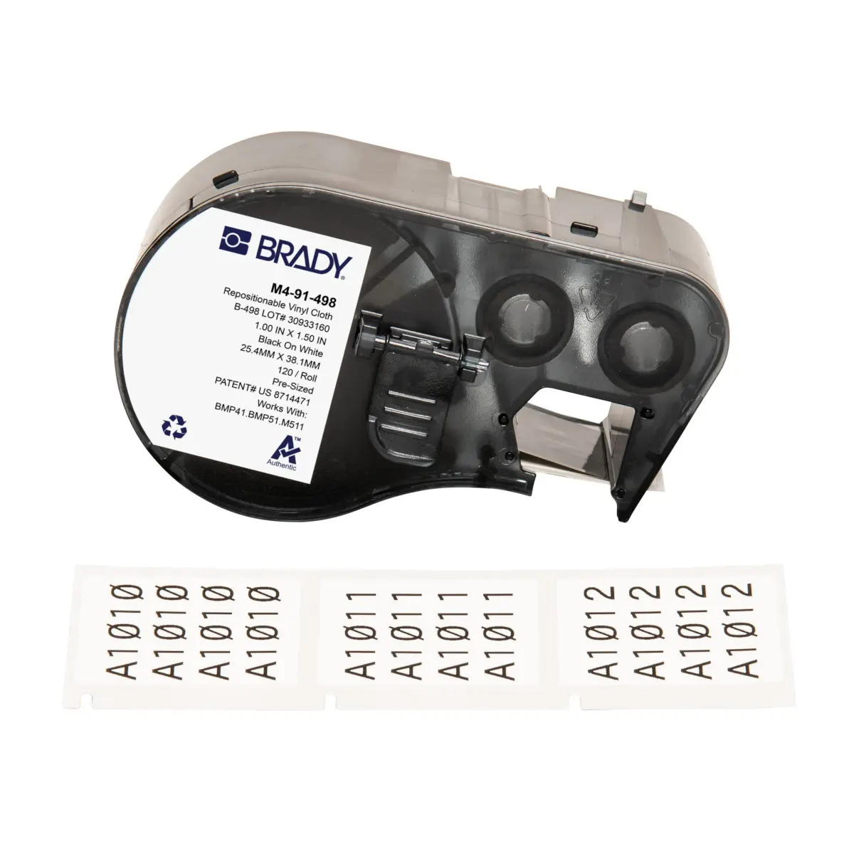 Produktfoto 1 von Brady B-498 Etikett für BMP41, BMP51, BMP53, M511, M410, M510 auf Schwarz auf Weiß, 38.10mm