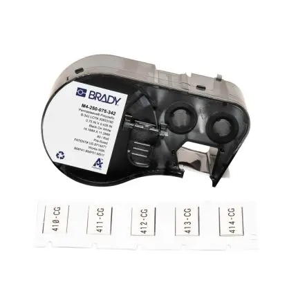 Produktfoto 1 von Brady Etikette auf Rolle B. 19.05 mm für BMP41, BMP51, BMP53, M410, M510, M511 80 pro Paket auf Schwarz, Weiß 11.1506 mm