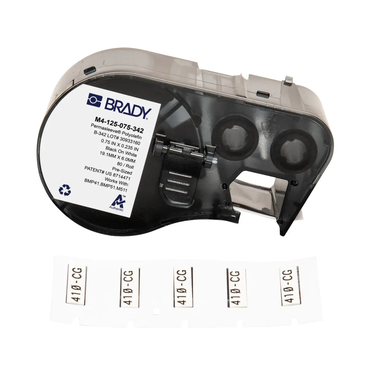 Brady Etikette auf Rolle B. 19.05 mm für BMP41, BMP51, BMP53, M410, M510, M511 80 Per Pack auf Schwarz, Weiß 5.969 mm