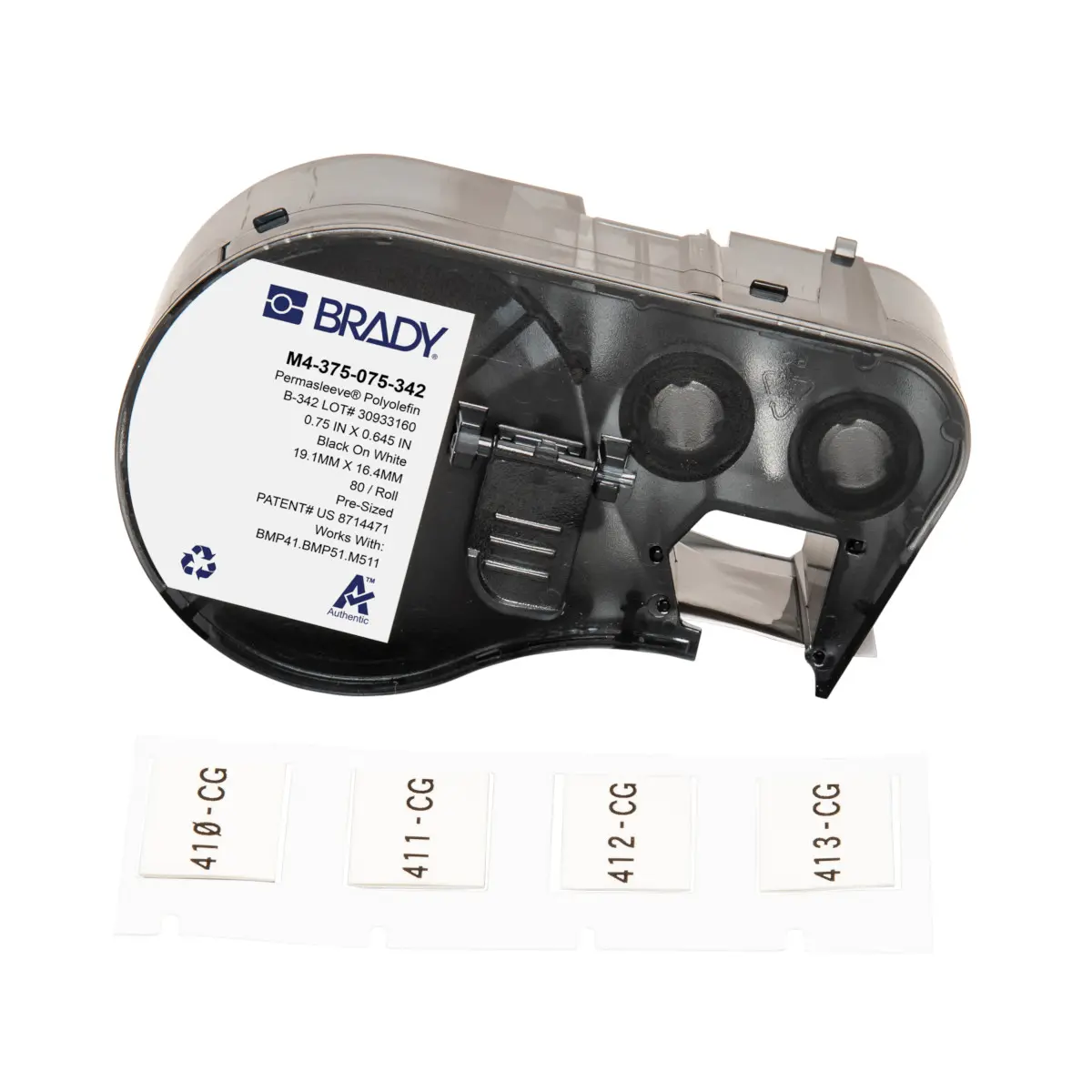 Brady Etikette auf Rolle B. 19.05 mm für BMP41, BMP51, BMP53, M410, M510, M511 80 Per Pack auf Schwarz, Weiß 16.383 mm