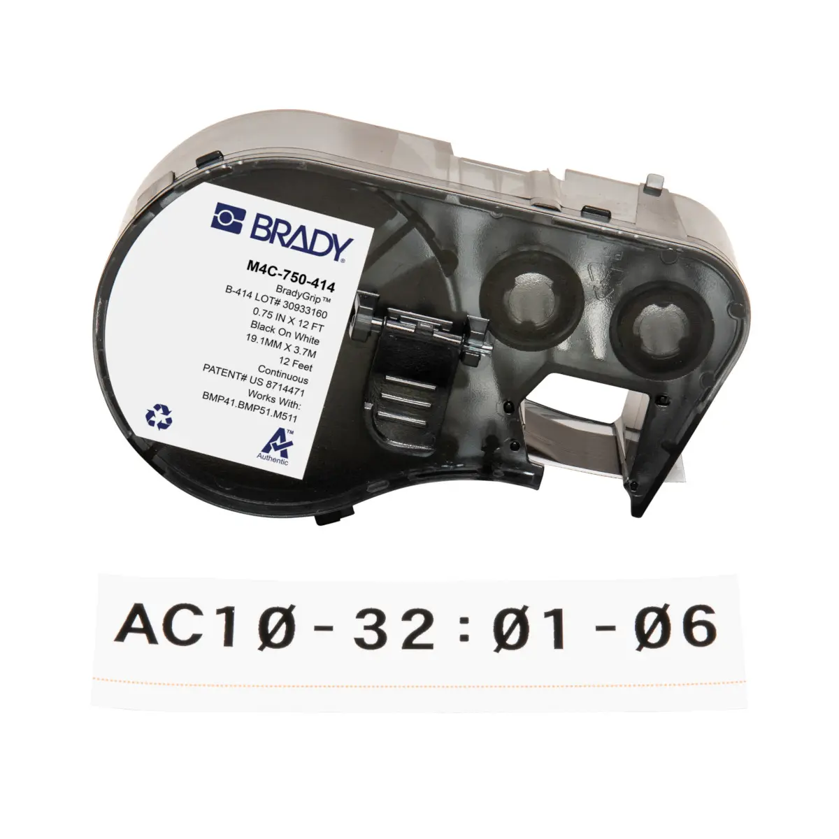 Produktfoto 1 von Brady Etikett B. 19.05 mm für BMP41, BMP51, BMP53, M410, M510, M511 1 Per Pack auf Schwarz, Weiß 3.6576 m Schwarz