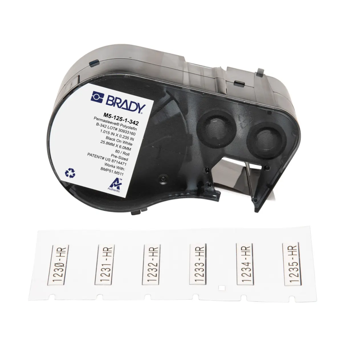 Produktfoto 1 von Brady Etikette auf Rolle B. 25.4 mm für BMP51, BMP53, M510, M511 80 Per Pack auf Schwarz, Weiß 5.969 mm
