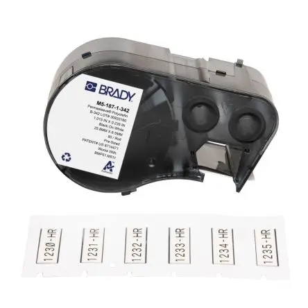 Produktfoto 1 von Brady Etikette auf Rolle B. 25.4 mm für BMP51, BMP53, M510, M511 80 pro Paket auf Weiß, Schwarz 8.509 mm Schwarz