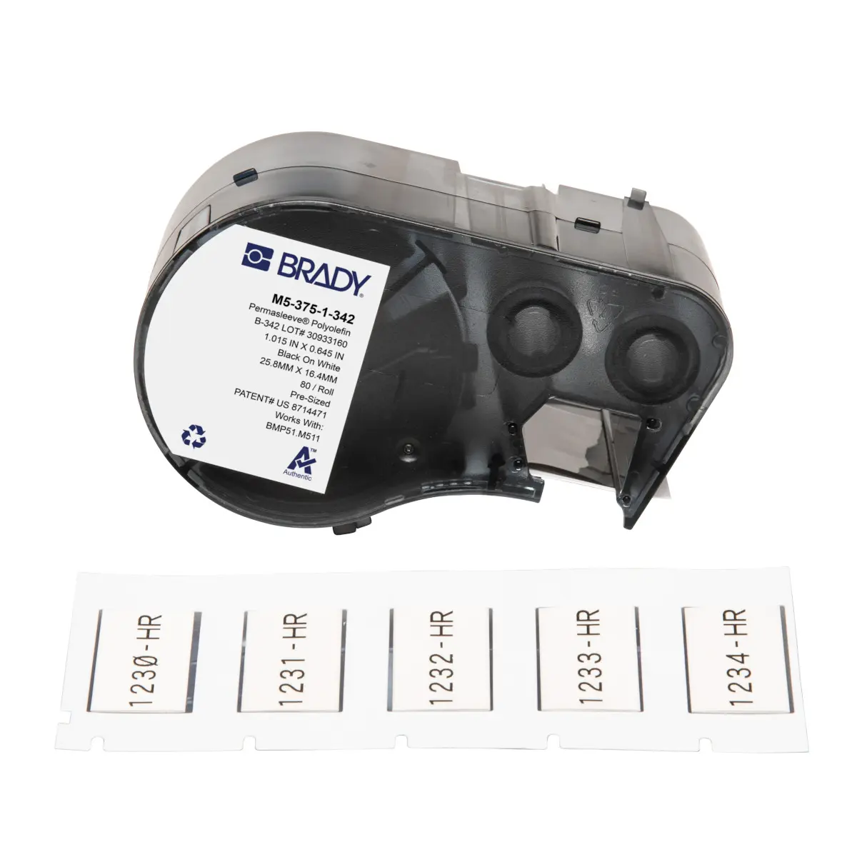 Produktfoto 1 von Brady Etikette auf Rolle B. 25.4 mm für BMP51, BMP53, M510, M511 80 Per Pack auf Schwarz, Weiß 16.383 mm Schwarz