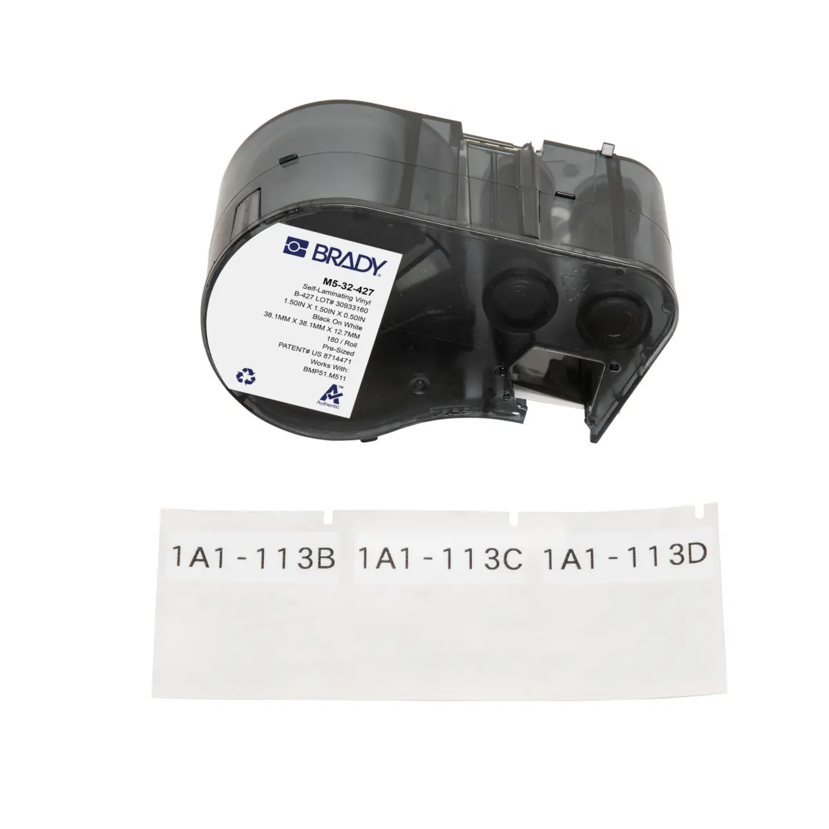 Produktfoto 1 von Brady B-427 Etikett für BMP51, BMP53, M511, M510 auf Schwarz auf Weiß, Transparent, 38.10mm