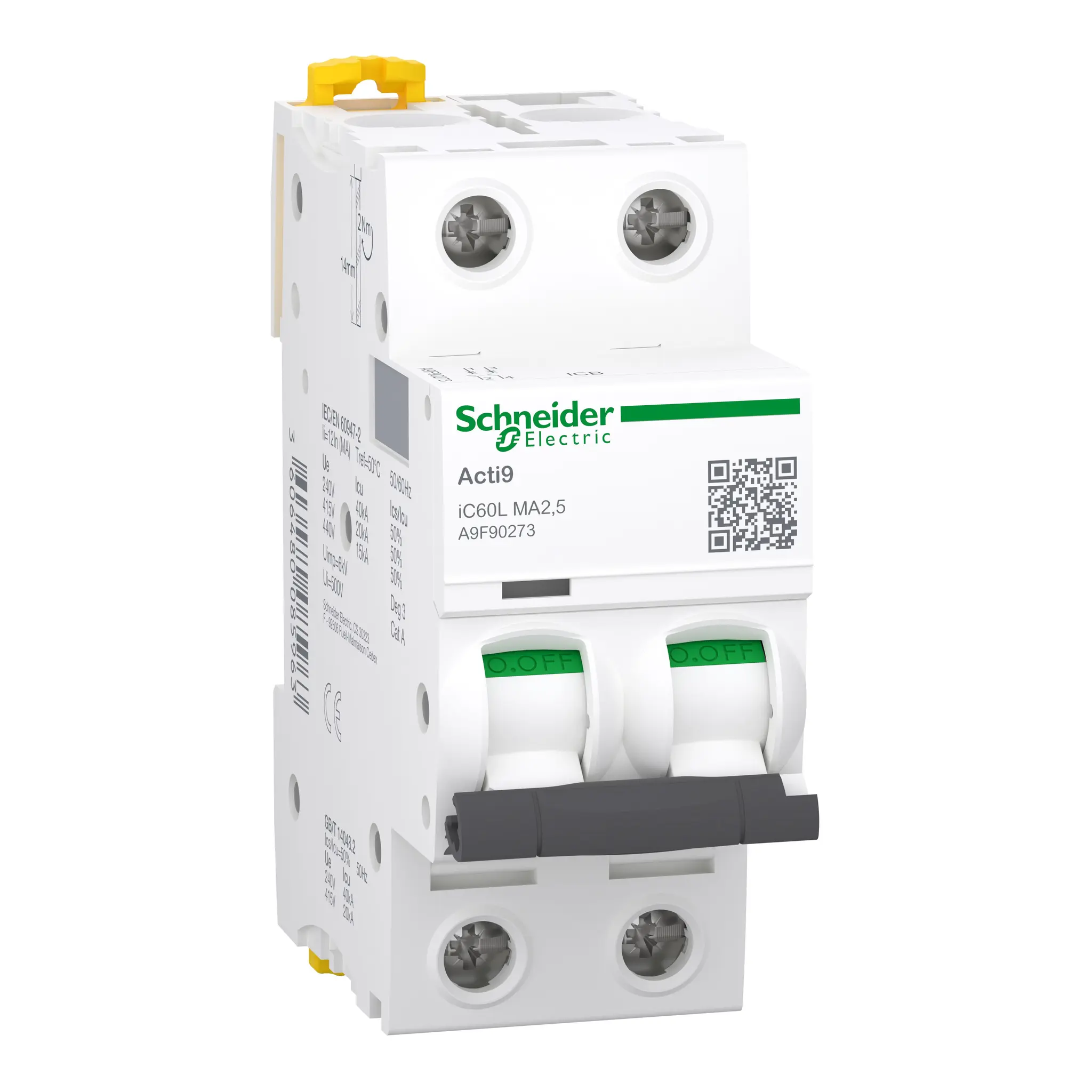 Produktfoto 1 von Schneider Electric A9F Miniaturüberlastschalter Typ AC, Pol 2-polig 2.5 A 440 V ac, Abschaltvermögen 40 kA Acti9