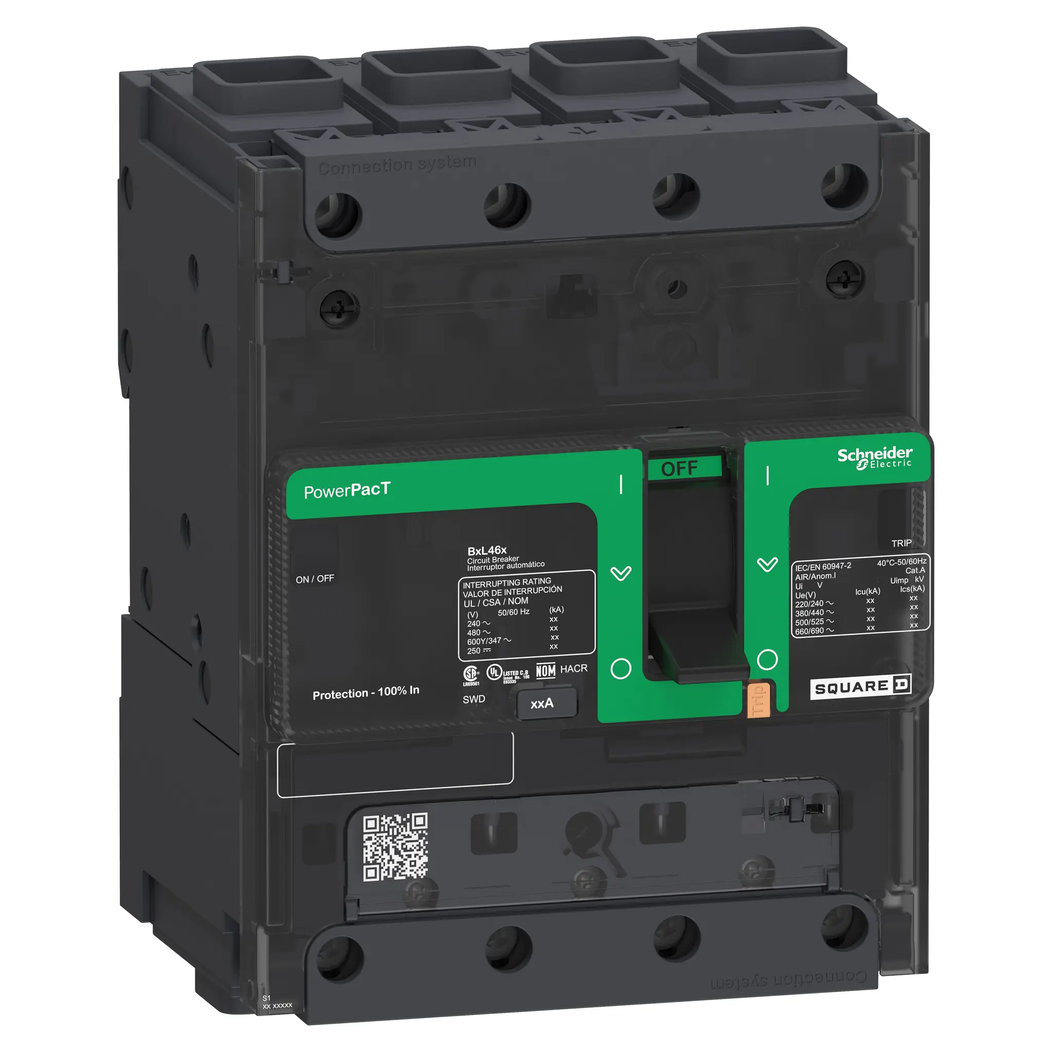 Produktfoto 1 von Schneider Electric PowerPact NSX100, Kompaktschutzschalter 4-polig, 50 A Aufsteckbefestigung / Abschaltvermögen 18 kA