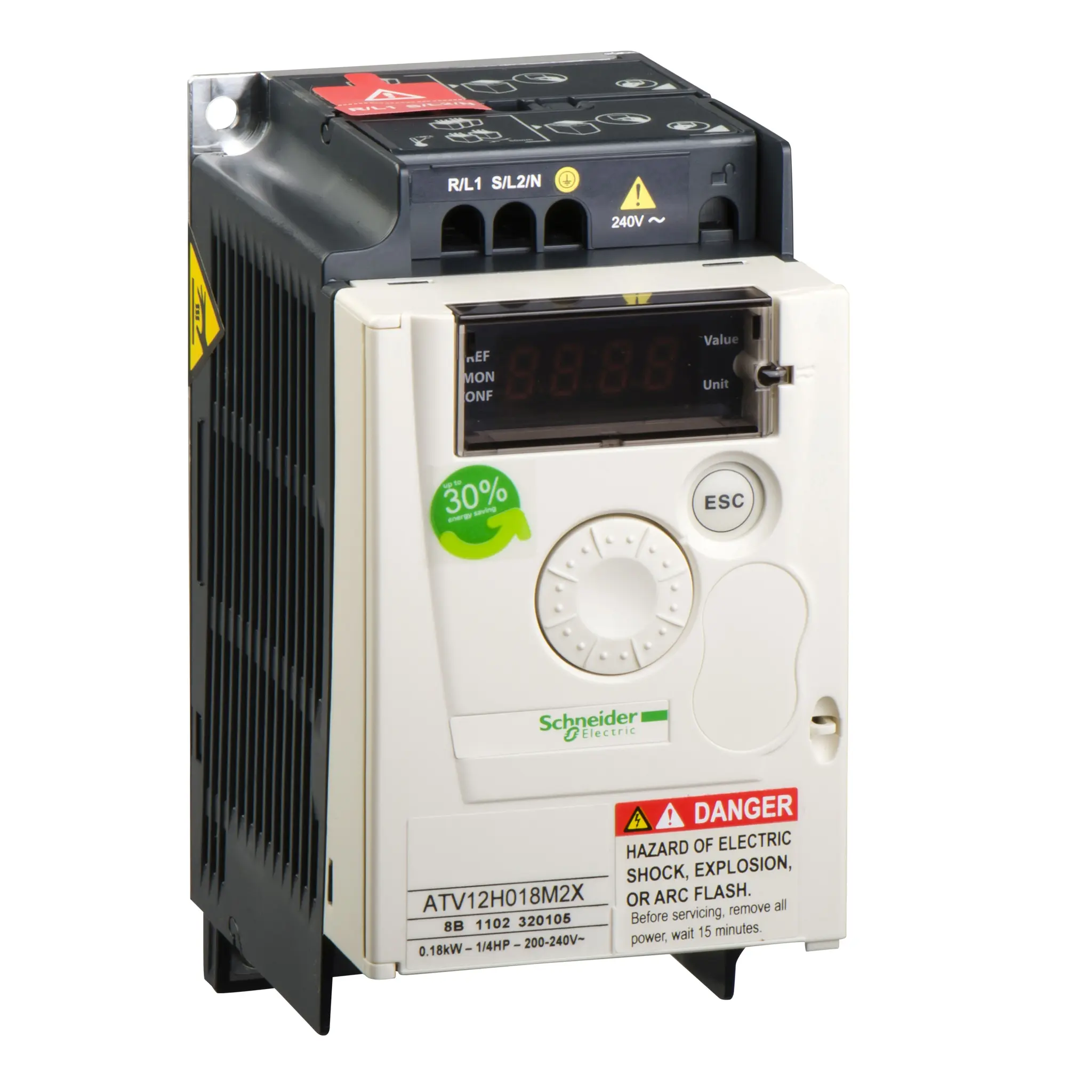 Produktfoto 1 von Schneider Electric Altivar 12 1-Phasen Antrieb mit regelbarer Drehzahl 0.18 kW 240 V 1.4 A 4kHz