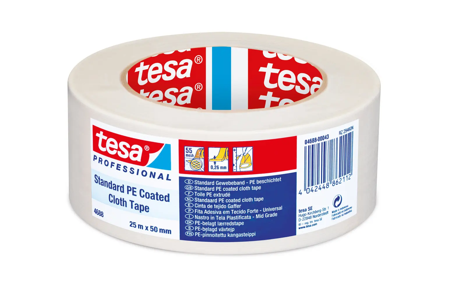Produktfoto 1 von Tesa Tesa 4688 04688-00043 Gewebeband, Polyethylen Weiß, 0.26 mm x 50 mm x 25 mm PE-beschichtet