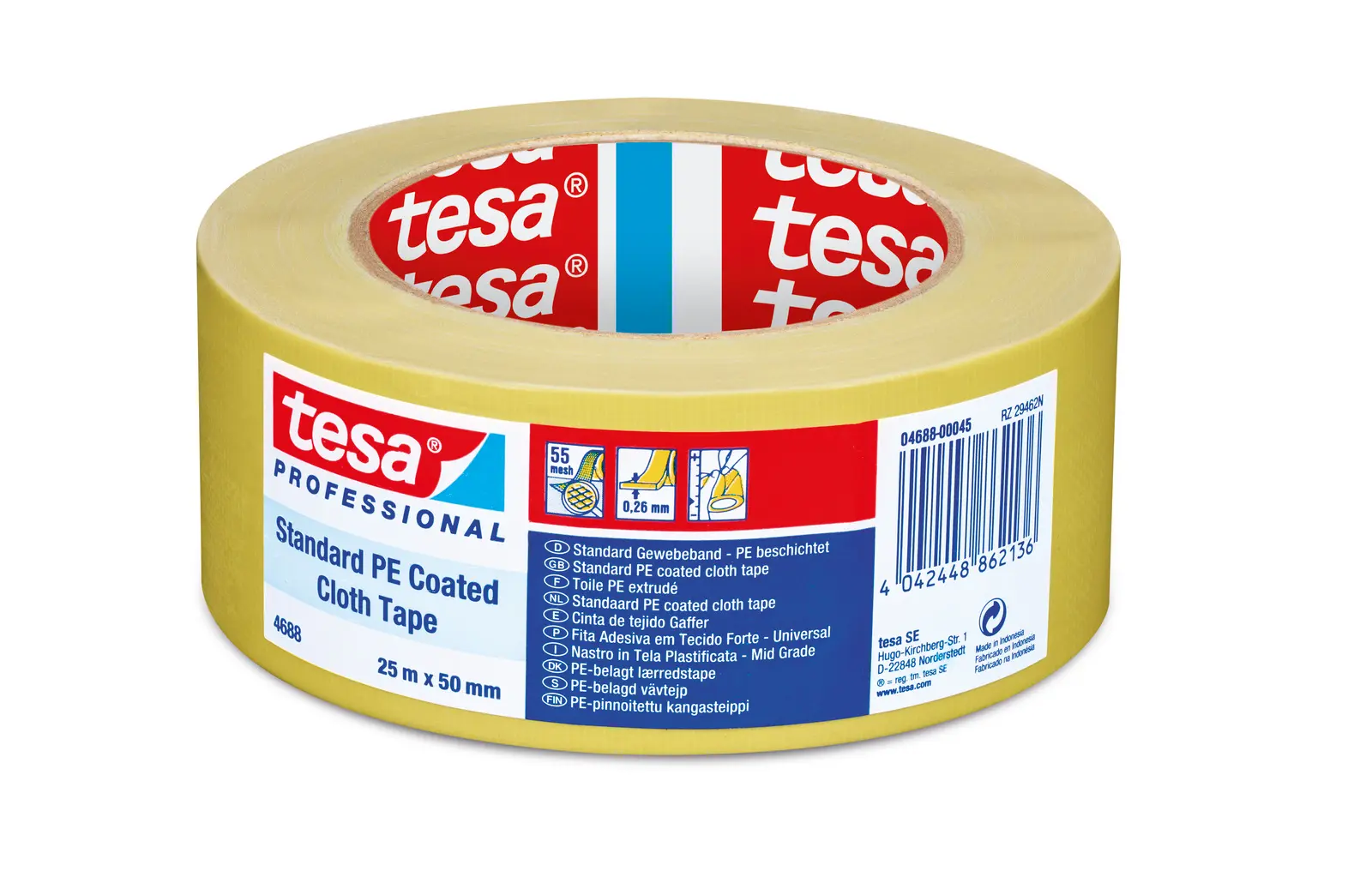 Produktfoto 1 von Tesa Tesa 4688 04688-00045 Gewebeband, Polyethylen Gelb, 0.26 mm x 50 mm x 25 mm PE-beschichtet