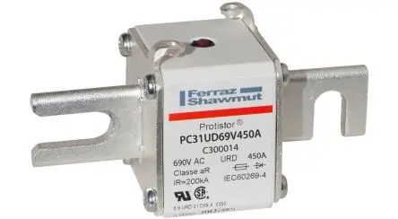 Produktfoto 1 von Mersen NH-Sicherung mit Schraublaschen 31, 700V / 450A FF, URD CSA, UL, EAC, RoHS, CCC, CE, Lochabstand 77 mm