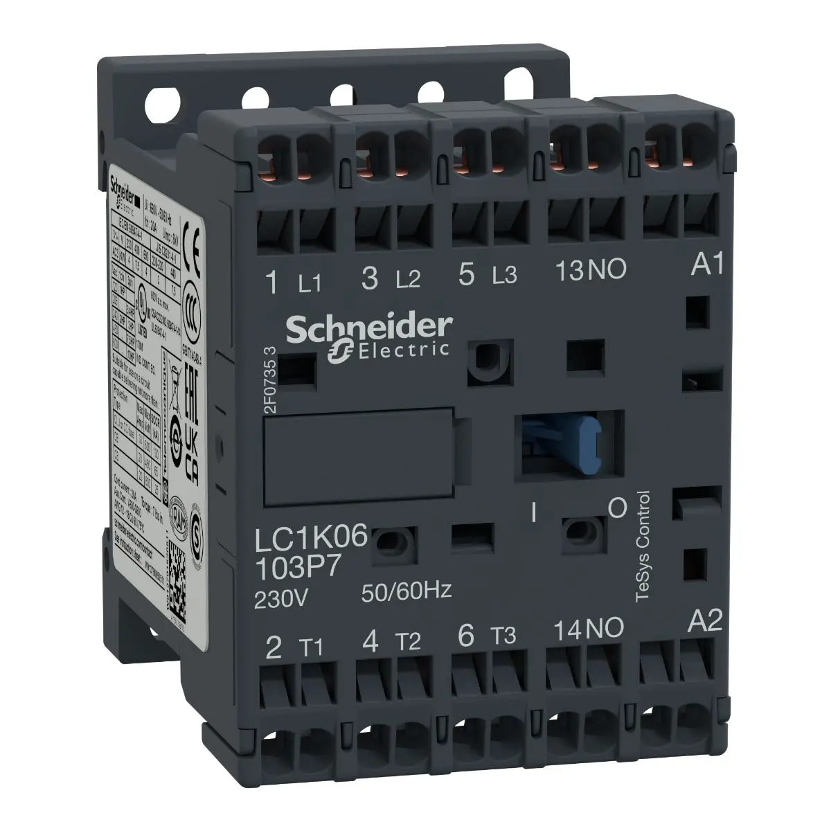 Produktfoto 1 von Schneider Electric TeSyS K Schütz 230V ac-Spule, 3-polig, 690V ac / 6 A 230V ac 2.2 kW 3 Schließer Motorsteuerung,