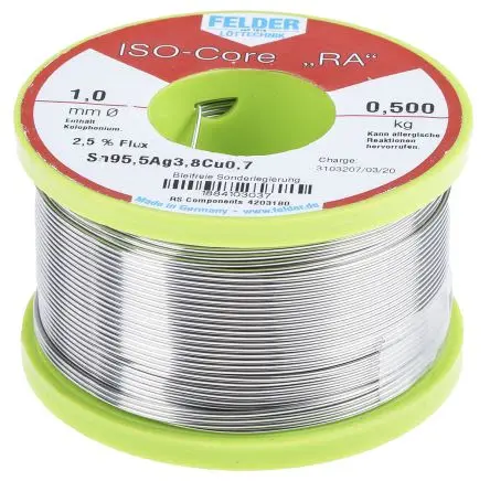 Produktfoto 1 von Felder Lottechnik Draht Lötzinn bleifrei 95.5 %Sn 0 %Pb 0.7 %Cu 3.8 %Ag, 217 °C, Ø 1 mm / 500 g