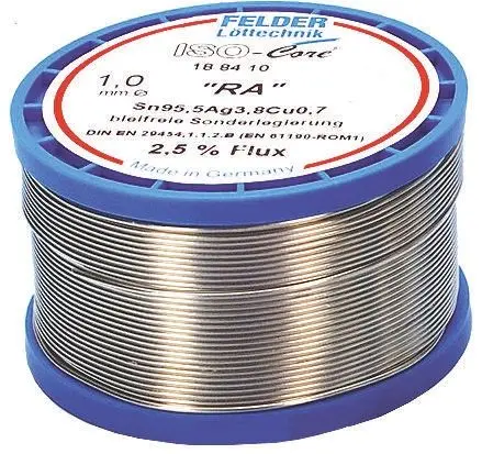 Produktfoto 1 von Felder Lottechnik Draht Lötzinn bleifrei 95.5 %Sn 0 %Pb 0.7 %Cu 3.8 %Ag, 217 °C, Ø 1 mm / 1000 g