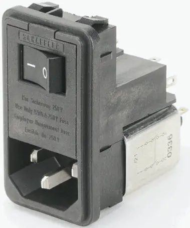 Schaffner 6A IEC/EN 60939 IEC Filterung Stecker mit 2-Pol Schalter 5 x 20 mm Sicherung, 250V ac, Einrastmontage Lot, 2